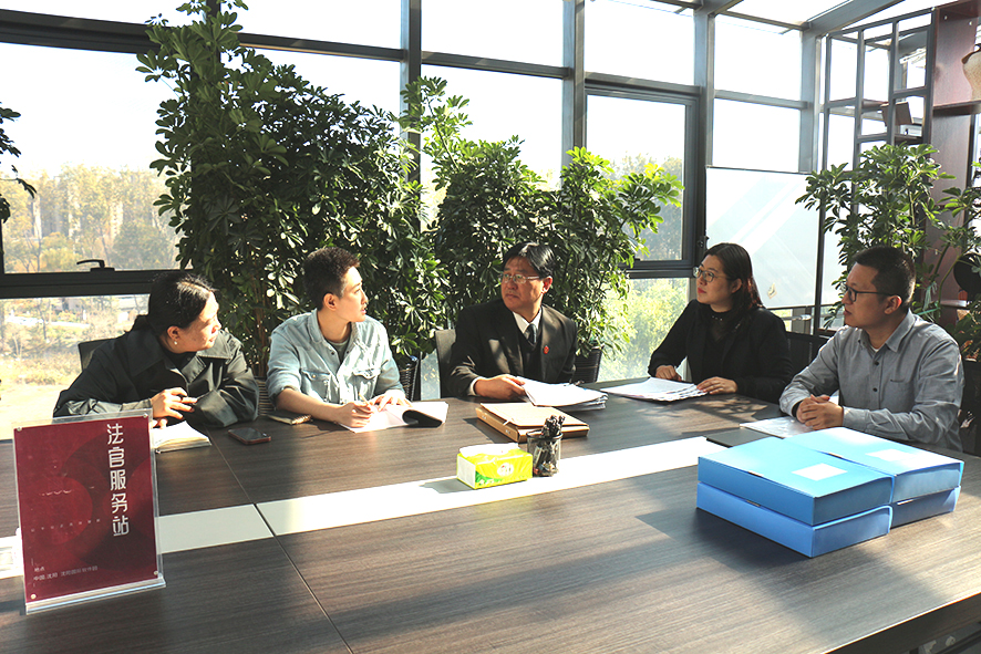 桃仙法庭庭長金凱東（中）在“法官服務站”與某投資管理有限公司相關人員交流
